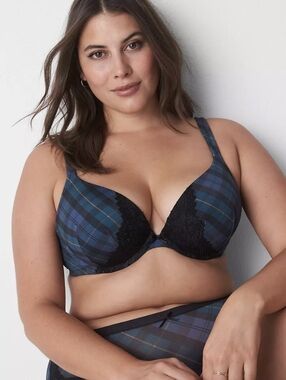 Cacique Plus Size Blue Green Plaid Boost Plunge Bra Womens Size 42DD